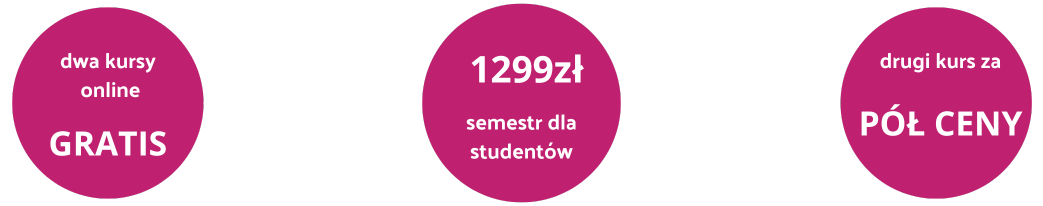 grafika z promocjami: dwa kursy online gratis, 1299 złotych za semestr dla studentów, drugi kurs za pół ceny
